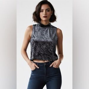 Forever 21 Blue Velour Cropped Stand Up Collar Sleeveless Top Size S/P